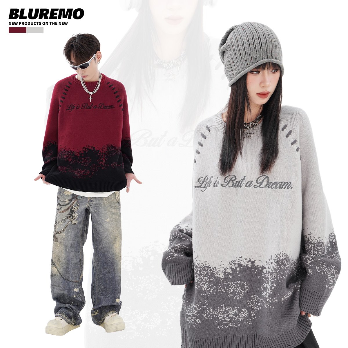 BLUREMO/模糊情绪秋冬欧美复古穿绳渐变颗粒撞色慵懒个性针织毛衣,男装,针织衫/毛衣,淘宝优惠券,粉丝福利购,淘宝优惠卷