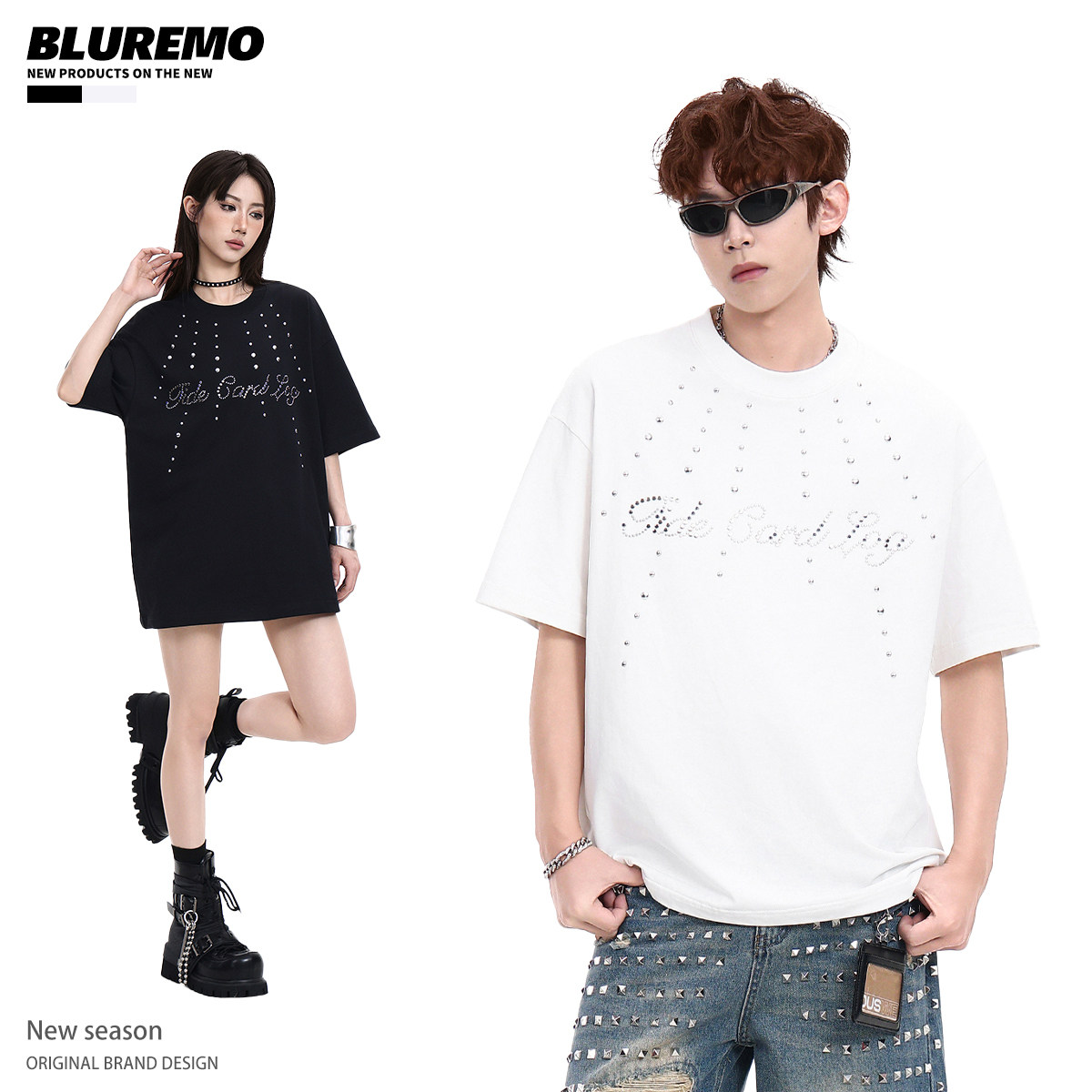 BLUREMO/模糊情绪2026夏季新款美式潮牌立体烫钻字母情侣短袖T恤