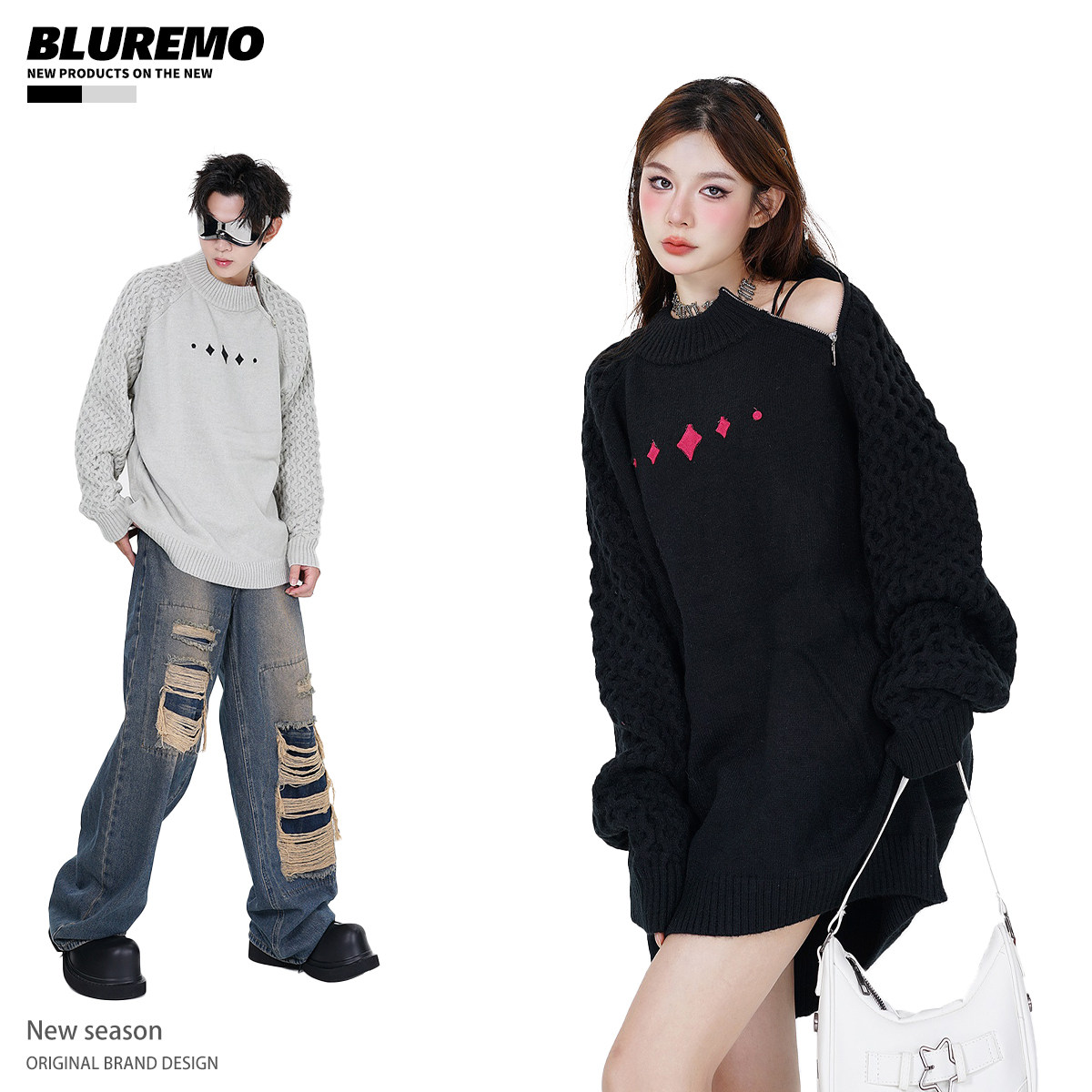 BLUREMO/模糊情绪秋冬欧美潮牌麻花字母插肩侧链百搭半高领毛衣潮