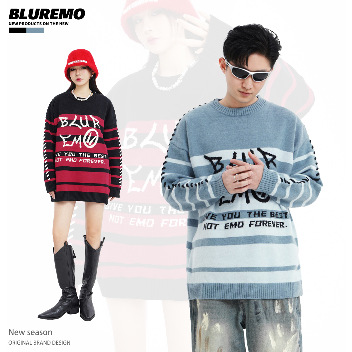 BLUREMO秋冬个性撞色圆领毛衣