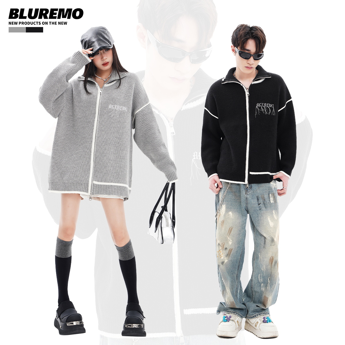 美式休闲毛衣BLUREMO开衫高领
