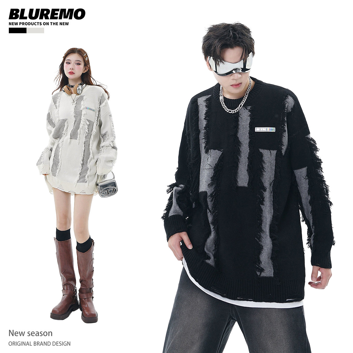 BLUREMO/模糊情绪秋冬休闲简约撞色破洞流苏男女百搭贴标圆领毛衣,男装,针织衫/毛衣,淘宝优惠券,粉丝福利购,淘宝优惠卷