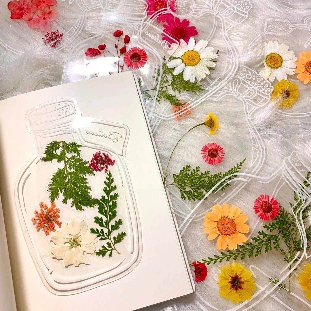 瓶子里的秋天手工DIY瓶透明花贴纸自制干花书签干植标物本玻璃书