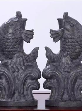 石雕喷水鱼摆件家用天然青石雕刻发财鱼年年有余庭院水池户外装饰