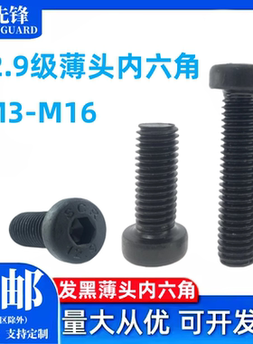 12.9级黑色薄头内六角螺栓DIN7984碳钢发黑矮帽螺丝钉M3-M16