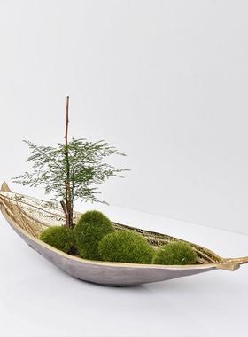 进口铝制金属树叶船型灰金长条果盘插花器摆件现代新中式玄关装饰