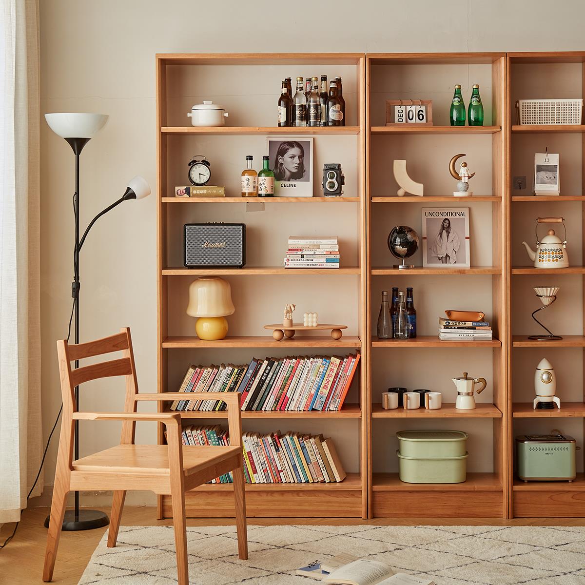 梦源樱桃木满墙书柜组合一整面墙橡木办公大书架原木风实木书橱