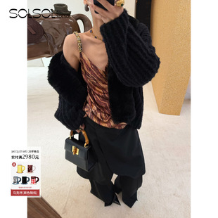 黑色毛领针织腰带开衫 设计师品牌26早春新品 SOLSOL WEI JACQUES