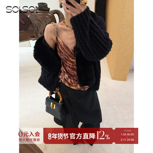 JACQUES WEI 设计师品牌26早春新品黑色毛领针织腰带开衫 SOLSOL