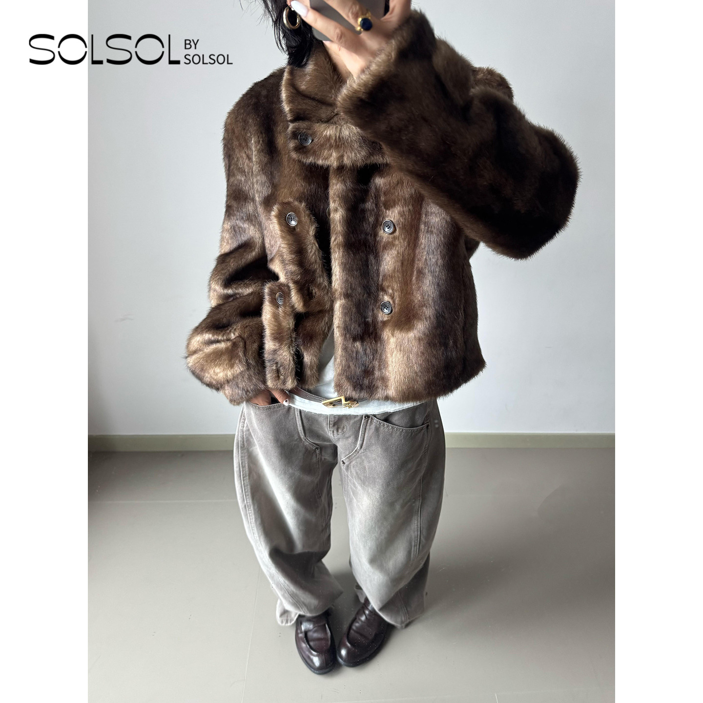 YCH秋冬高腰阔腿纯棉牛仔长裤女