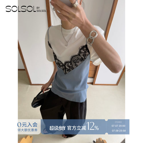 YCH休闲纯色蕾丝假两件上衣