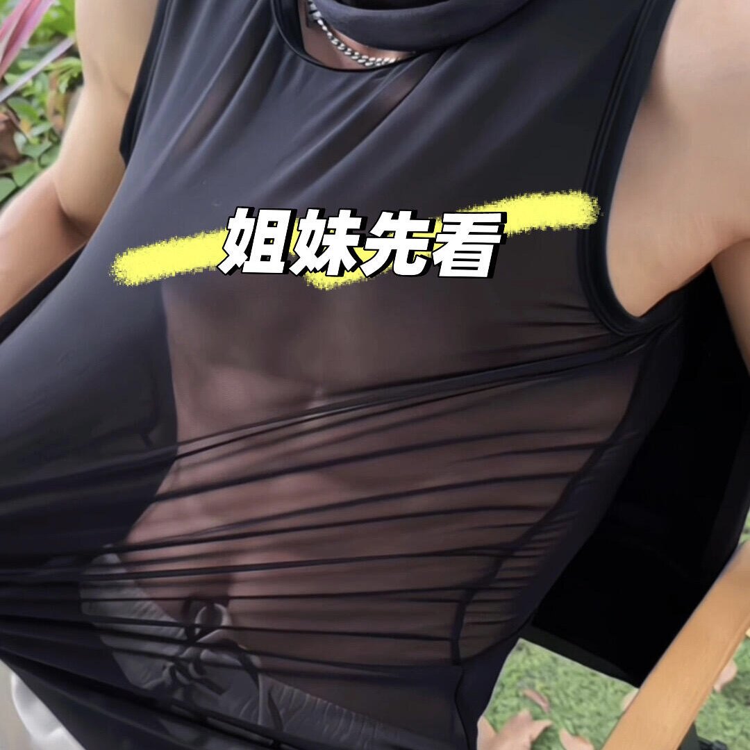 男士网纱背心无袖圆领修身上衣超薄透视黑丝健身肌肉显衣型男t恤