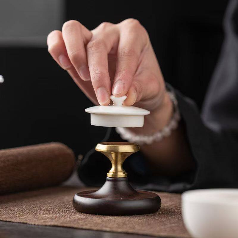 黑檀木铜盖置高端紫砂壶白瓷盖碗茶壶盖托架家用功夫茶具茶道配件