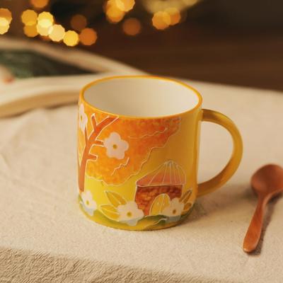 日式濑户烧餐具大肚杯陶瓷釉下彩浮雕大容量杯子水杯马克杯果汁杯