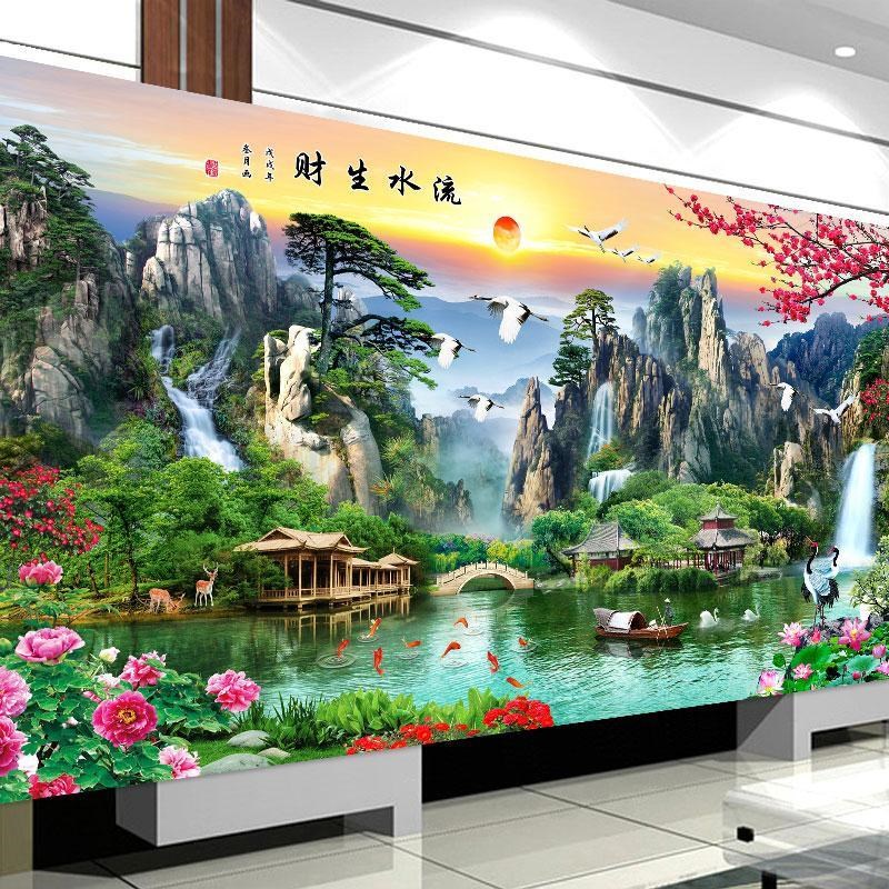 流水生财十字绣新款客厅迎客松大幅大气山水画风景图满绣刺绣印花