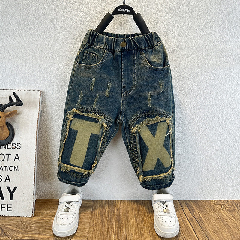 男童秋装破洞牛仔裤2024新款韩版宝宝春秋长裤儿童帅气时髦裤子
