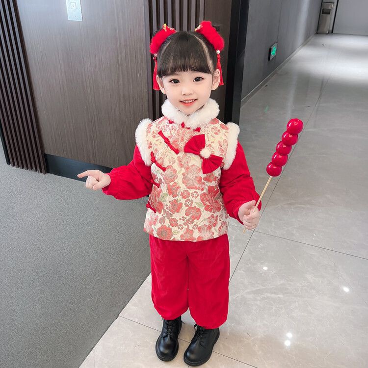 女童拜年服套装冬装女宝宝中国风新年装女孩加绒唐装儿童过年衣服