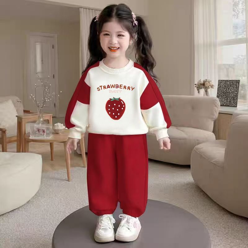 可爱草莓熊套装春秋季女童撞色卫衣春装小女孩休闲运动服两件套潮