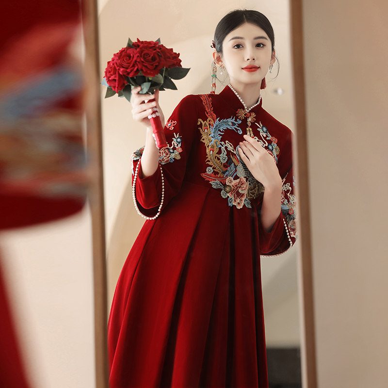现货速发红色中式长袖孕妇敬酒服礼服/晚装