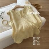 小文姐 背心 百搭小众V领木耳边显瘦简约无袖 W1345 奶黄背心’韩版