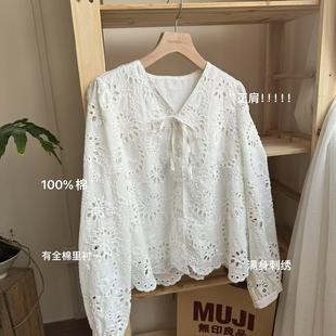 系带刺绣衬衫 春夏拼接镂空中古复古扣子衬衫 女 W1219 小文姐