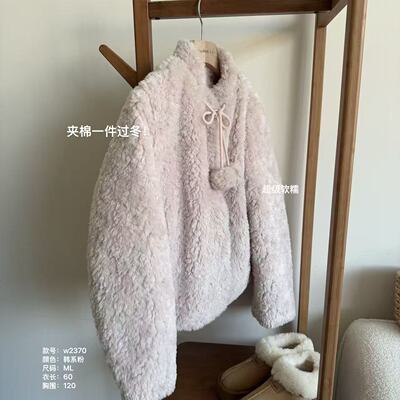 小文姐 W2370-手工毛球夹棉棉服超温柔韩系宽松休闲上衣女短外套