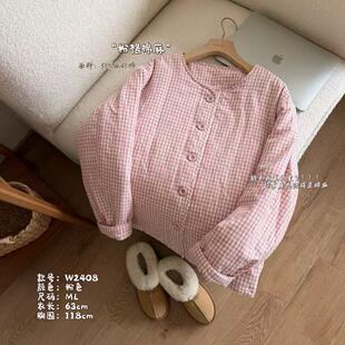 小文姐 W2408-“粉格棉麻”文艺色织保暖棉服宽松休闲上衣女外套