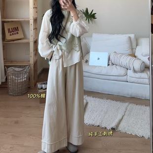 宽松显瘦休闲大脚裤 复古休闲压褶皱毛边洗阔腿裤 W0532 小文姐