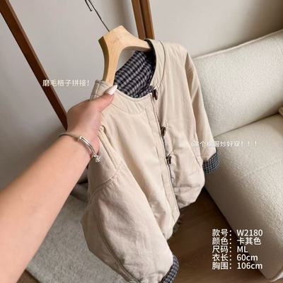 小文姐 W2180-秋冬磨毛格子拼接棉服韩系宽松休闲上衣女款短外套