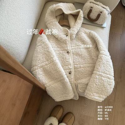 小文姐 W2366-刺绣描边加厚毛毛连帽保暖上衣宽松休闲女款短外套.