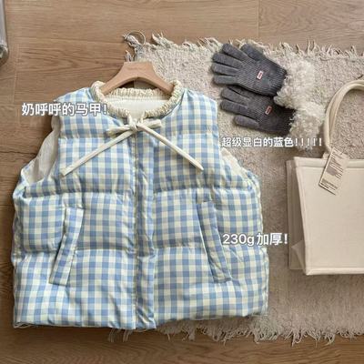 小文姐 W1013-春季休闲时尚韩系系带花边领拼接格子马甲上衣女