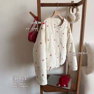 小文姐 W2342-“小樱桃”刺绣棉服韩系宽松休闲上衣女款保暖外套