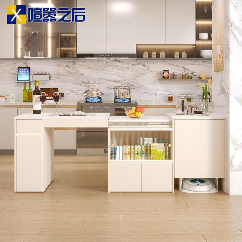 奶油风岛台餐桌一体小户型厨房可伸缩桌子岩板中岛台储物柜8E57
