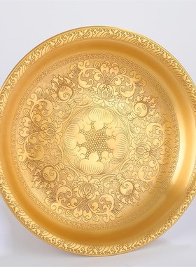 慧宝藏式吉祥花纹纯铜水果平底托盘底盘高脚曼扎多用托盘家居摆件