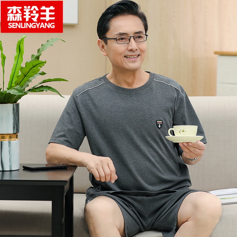 睡衣男夏季纯棉短袖短裤套头薄款中年爸爸男士夏天大码家居服套装