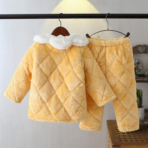 拼色加厚女孩儿童法兰绒家居服 冬季三层夹棉女童珊瑚绒儿童睡衣