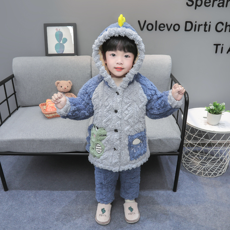 儿童睡衣男童男孩冬款秋冬季三层夹棉加厚款加绒珊瑚绒小童家居服