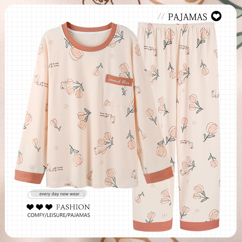 妈妈睡衣女春秋季纯棉长袖薄款套头中老年人妇女士家居服休闲套装