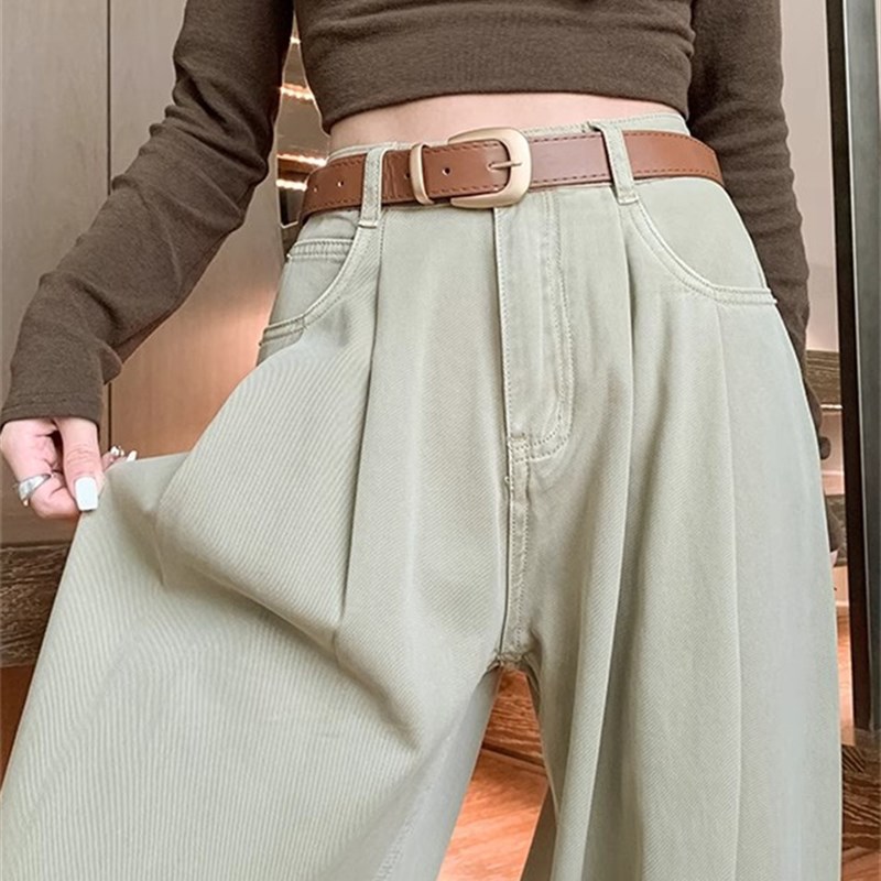 高腰阔腿牛仔裤女垂感宽松2023年百搭美式设计感拖地褶皱直筒裤子