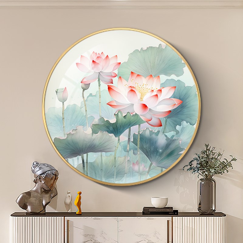 荷花玄关装饰画新中式客厅圆形挂画餐厅莲花静心茶室布置酒店壁画图片