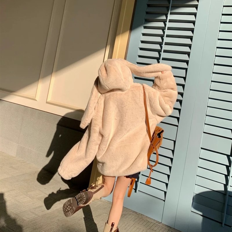 兔子耳朵毛绒外套女2022秋冬新款软妹可爱仿兔毛皮草加厚毛毛棉衣