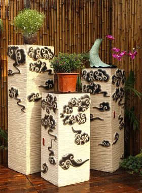 新中式禅意仿古祥云展示柱落地摆件家居饰品客厅玄关花盆装饰底座