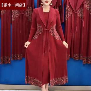 复古中老年妈妈褶皱假两件风衣裙外套女秋季收腰拼接长款连衣裙子