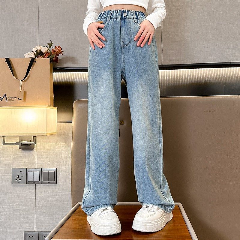 女童牛仔裤夏季薄款2024新款女大童时尚洋气直筒阔腿裤儿童裤子春