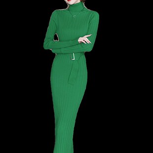 针织连衣裙女秋冬季修身气质高级感配大衣高领长款毛衣打底裙内搭