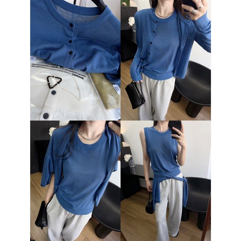 格雷系两件套春夏麻薄针织背心+开衫圆领外套叠穿极简灰色MI*U风