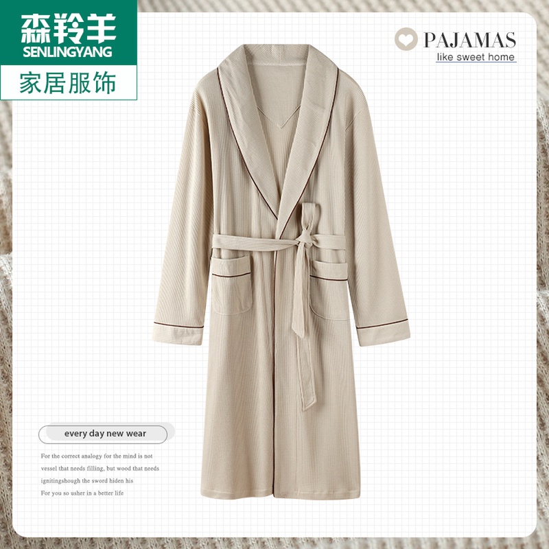 睡袍男春秋款长袖纯棉薄款浴袍男士睡衣中长款中年日式大码家居服