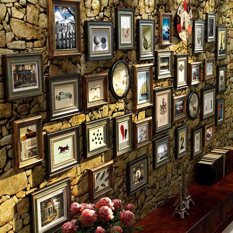 实木照片墙美式相框挂墙免打孔奢华复古客厅装饰画大墙面画框组合
