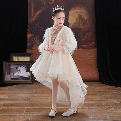 女童加绒礼服公主裙生日前短後长花童主持人儿童钢琴演出服秋冬季