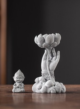 中式悟空坐莲茶宠摆件创意齐天大圣佛手莲花鱼缸盆栽造景桌面装饰